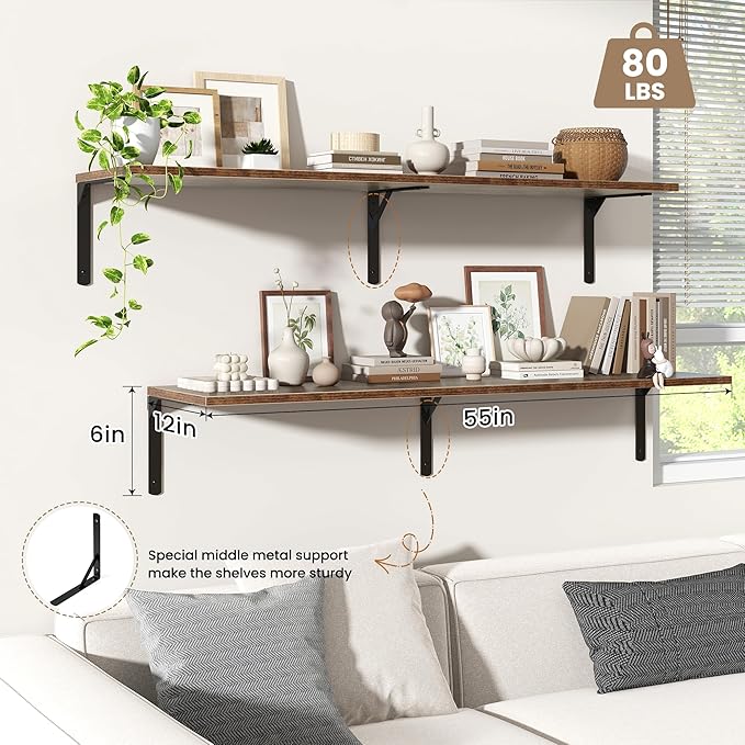 Fun Memories Rustic Brown 12 Inch Deep Floating Shelves Set of 2, Wall Mounted Shelf with Metal Brackets, Rustic Wood Wall Shelf for Bathroom, Kitchen and Living Room, Rustic Brown, 55W x 12D
