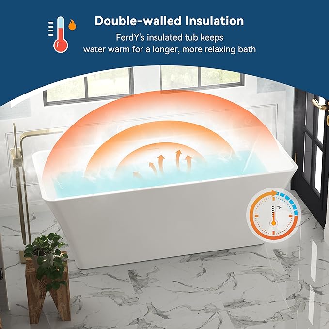 FerdY Sentosa 67" Acrylic Freestanding Bathtub, Contemporary Design Soaking Tub with Brushed Nickel Drain and Minimalist Linear Design Overflow, Easy to Install, 02560