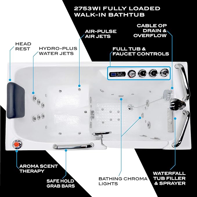 ANZZI Walk-In Whirlpool & Air Tub 27"x53" Left Drain, LED Lights, 30 Jets, Aromatherapy, Chromatherapy, Heater, Faucet & Handheld Shower, White Acrylic Spa Bathtub | 2753WILWD