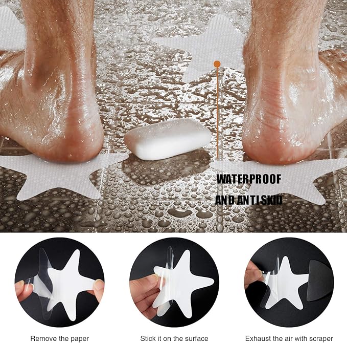 Anti Slip Shower Stickers 24 PCS Safety Bathtub Strips Adhesive Decals with Premium Scraper(White Star)