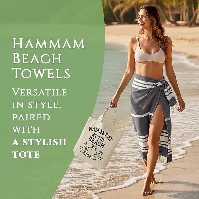 Turkish Cotton Beach Towel Pack of 4 & 1 Boho Tote Bag - Hammam Towels - No Shrink - Quick Dry - Lightweight - Sand Free - Camping - Pool - Beach Essentials - Blue,Gray,Purple, Navy (40"x70")