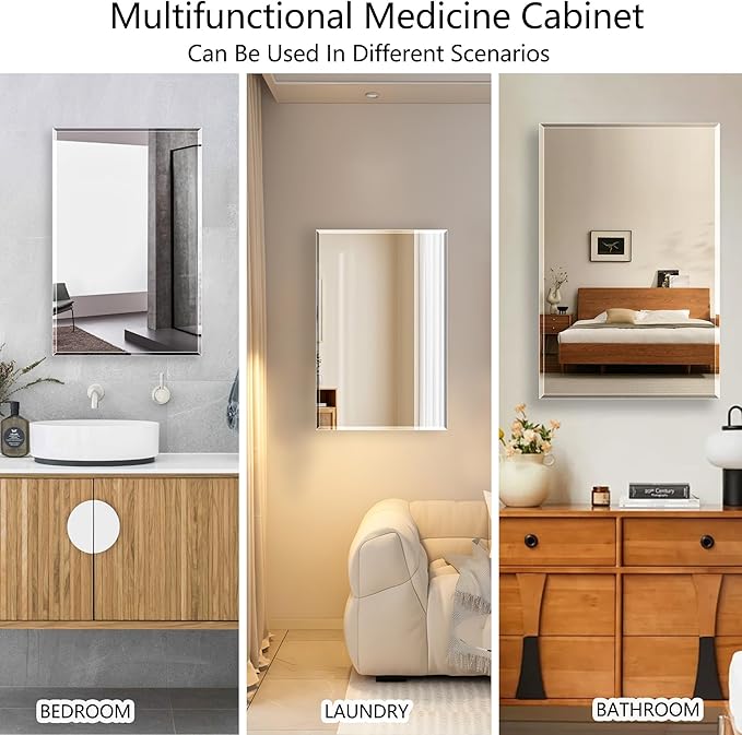 Bathroom Medicine Cabinet with 24x36 in Rectangular Beveled Frameless Mirror,Wall Mounted Mirror Cabinet for Bathroom Toilet Kitchen,Recess or Surface Mount