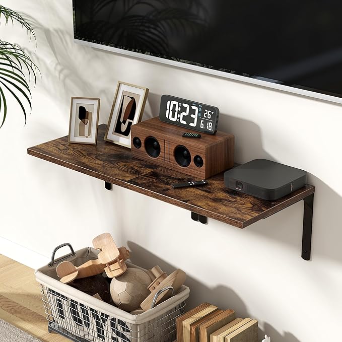 Fun Memories Rustic Brown 12 Inch Deep Floating Shelves Set of 2, Wall Mounted Shelf with Metal Brackets, Rustic Wood Wall Shelf for Bathroom, Kitchen and Living Room, Rustic Brown, 16W x 12D