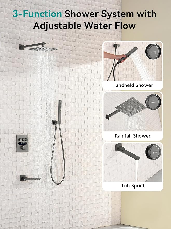 Lefton Shower System in Fahrenheit Display (Battery-free), 10” Overhead Shower Head with All-in-one Handheld Spray Showerhead and Bathtub Faucet, 4-in-1 Control System, SSWM2502 (Grey)