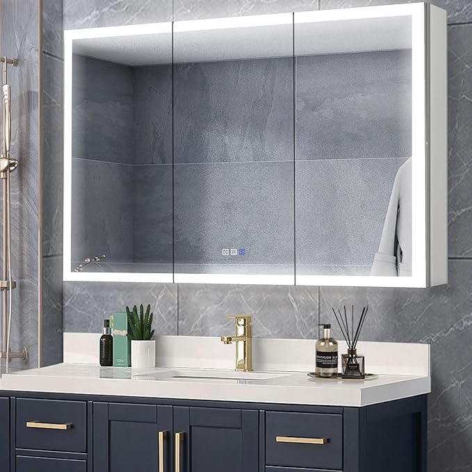 GroGro LED Lighted Bathroom Medicine Cabinet with Mirror,48" W x 30" H Medicine Cabinet with Lights,Surface or Recessed Mounting,Defog,Dimming,3-Color Temperature Adjustment