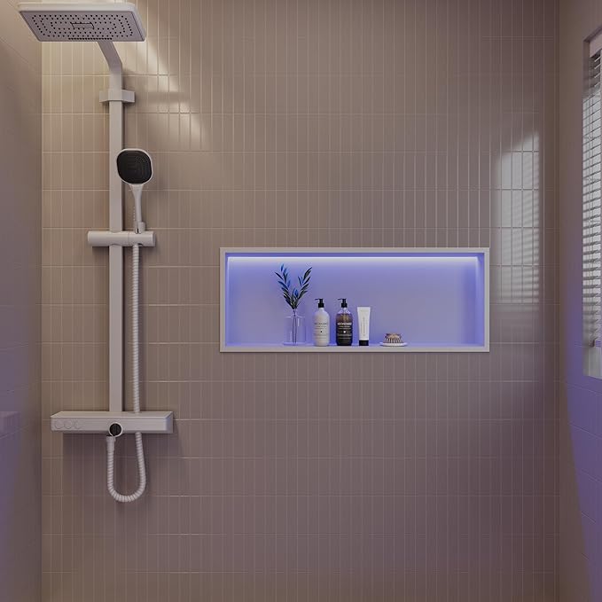 30X12 RGB Shower Niche, White Stainless Steel LED Wall Recessed Organizer, No Tile Needed Wall Niche for Bathroom Storage Built-in Installation