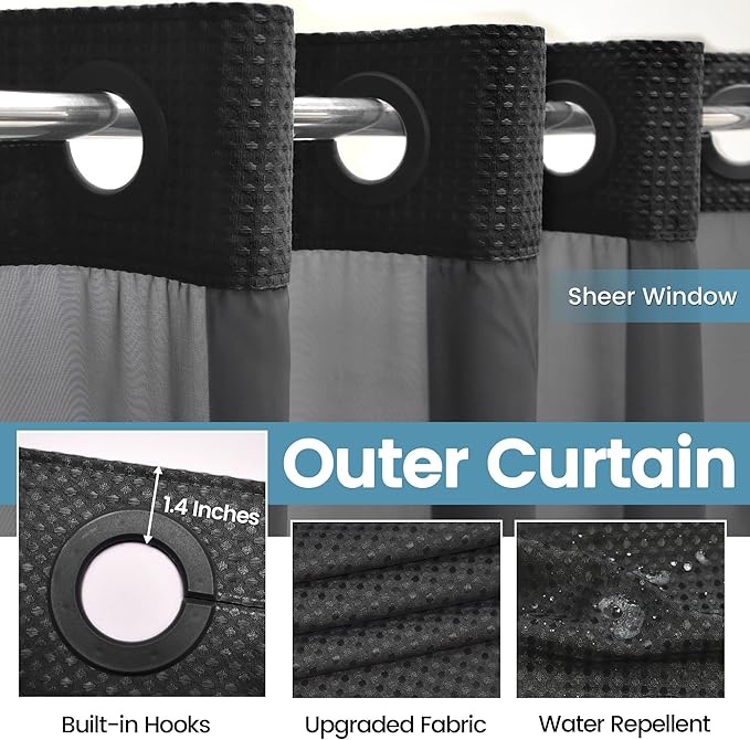 Black Shower Curtain with Liner - 230GSM Waffle Textured Heavy Duty Shower Curtains for Bathroom,71W x 74H