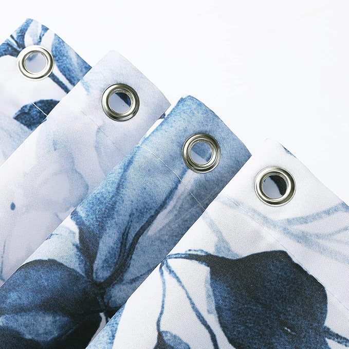Gibelle Navy Blue Eucalyptus Shower Curtain, Watercolor Plant Leaves with Floral Bathroom Shower Curtain Set, 72x72
