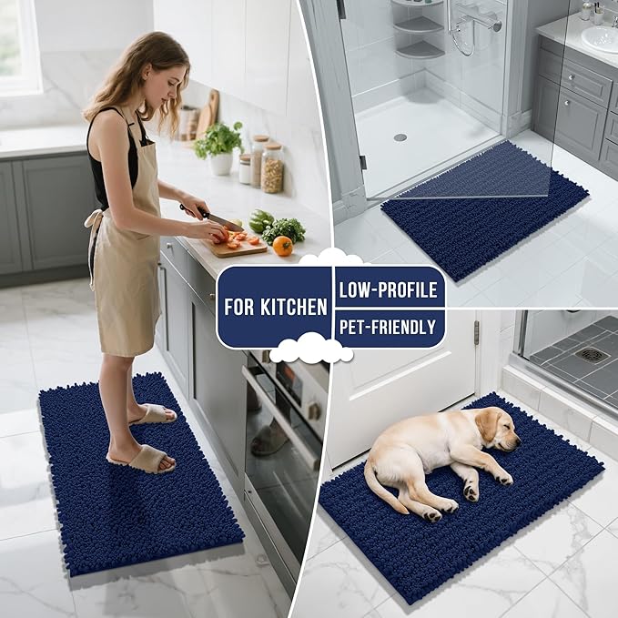 Yimobra Bathroom Runner Rug 60x24 Inch - Extra Long Non Slip Chenille Bath Mat, Soft & Absorbent, Machine Washable Shaggy Hallway Carpet for Vanity Tub Shower, Navy Blue Home Decor Accessories