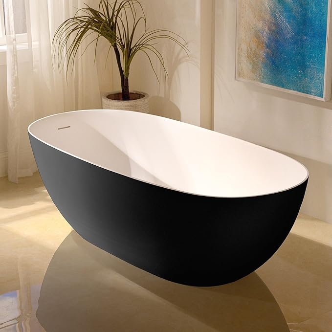 WOODBRIDGE 69" L x 32" W Luxury Contemporary Solid Surface Stone Resin Freestanding Bathtub in Matte Black with 2-Drain Covers