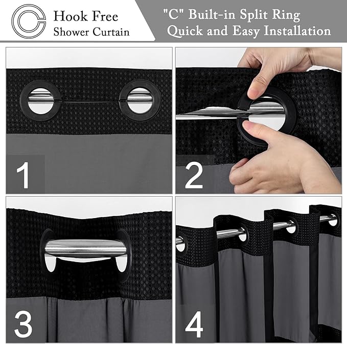 Gibelle Extra Long Shower Curtain 72x86, Waffle Weave Bathroom Shower Curtain with Snap-in Fabric Liner Set, No Hooks Needed, Hotel Style with Mesh Top Window, Black