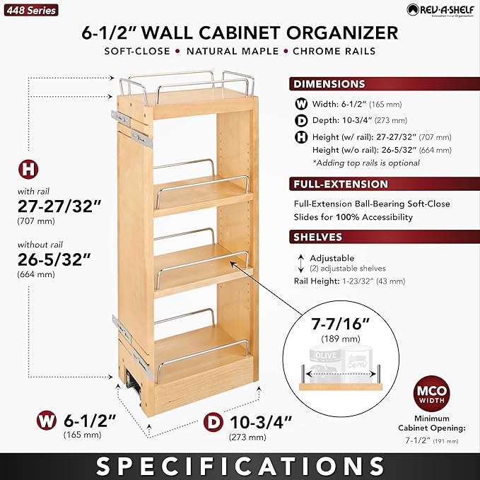 Rev-A-Shelf 6" Pull Out Shelf Organizer for Kitchen and Bathroom Cabinets, Wooden Slide Out Spice or Medicine Rack w/Soft-Close, 448-BBSCWC-6C
