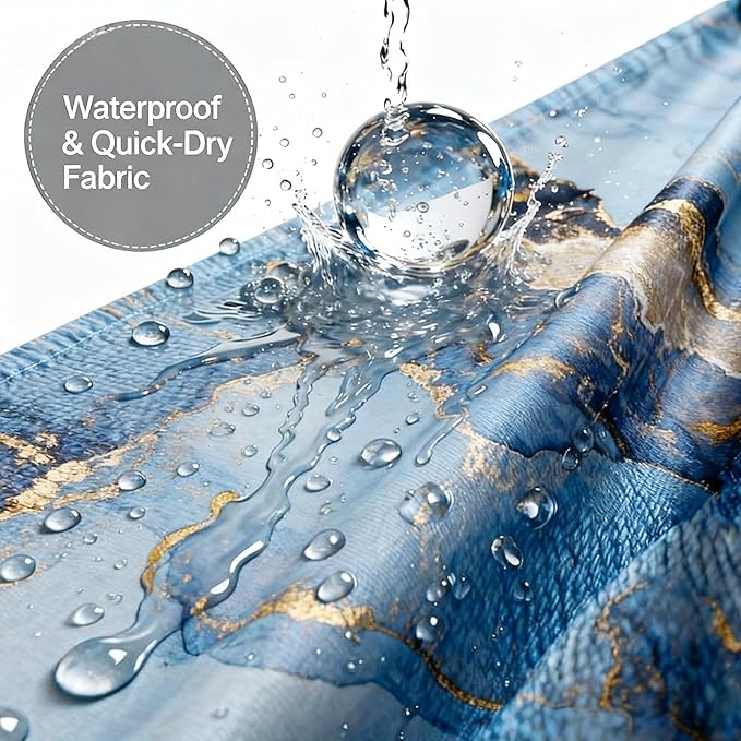 Domoku Blue Marble Shower Curtain 72x72 – Blue and Gold Waterproof Fabric Shower Curtain with Hooks, Abstract Art Bathroom Decor, Machine Washable Curtain for Apartment, Guest Bath