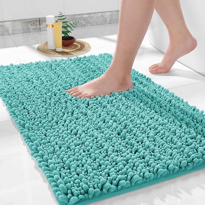 Yimobra Bathroom Rugs Non Slip Washable - Ultra Soft Absorbent Chenille Bath Mat, Quick Dry Shaggy Floor Carpet for Tub Shower, Lake Blue Home Decor Accessories, 24x17 Inch