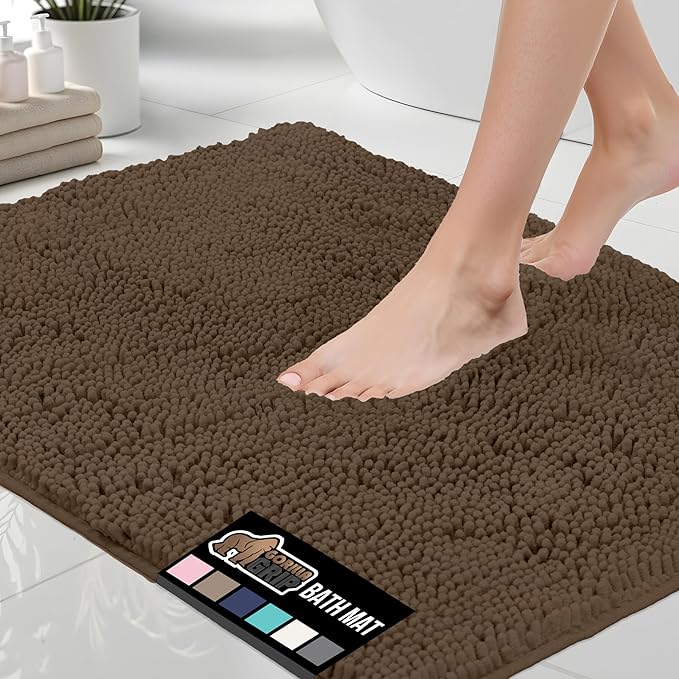 GORILLA GRIP Bath Rug Mat 30x20, Thick Soft Absorbent Chenille, Quick Dry Microfiber Mats, Rubber Backing Washable Shower Floor Rugs, Bathmat Runner, US Designed Bathroom Home Decor Accessories Brown