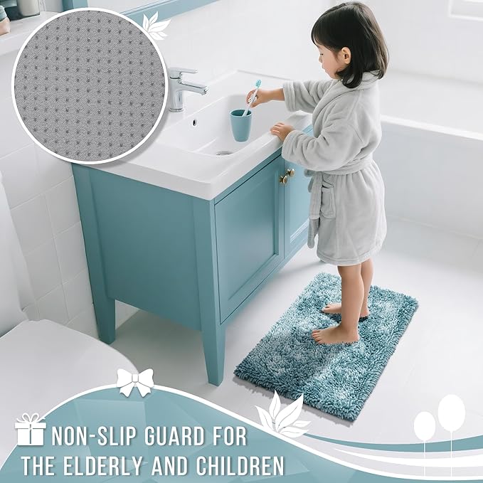 Yimobra Long Bathroom Rugs Runner 60x24 Inch, Extra Thick Soft Absorbent Chenille Bath Mat, Non Slip Machine Washable, Quick Dry Bath Rugs for Bathroom Floor, Tub and Shower, Greyish Blue
