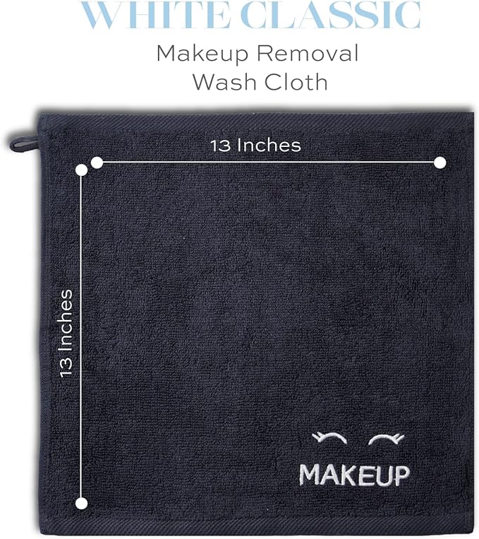 White Classic Bleach Safe Black Makeup Washcloths for Face Cleansing, 12 Pack - Super Soft Luxury Cotton Black Makeup Towels, Highly Absorbent and Quick Dry, All Makeup Remover Cloth | 13 x 13
