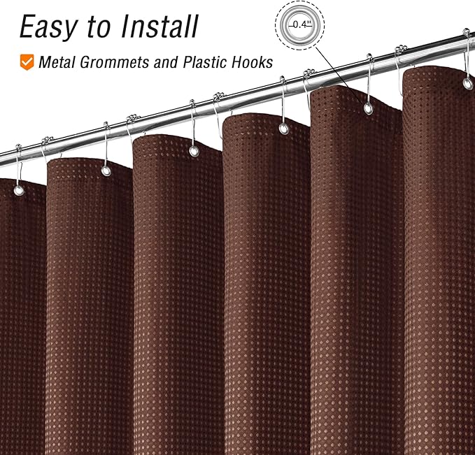 Gibelle Long Shower Curtain 72 x 78, Tall Waffle Weave Textured Fabric Shower Curtain for Bathroom, Water Repellent, Machine Washable, Brown