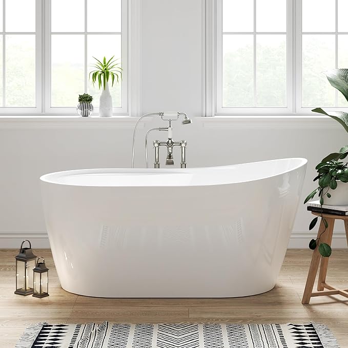FerdY Lana'i 60" Freestanding Bathtub, Gracefully Shaped Freestanding Soaking tub, Glossy White, cUPC Certified, Brushed Nickel Drain & Overflow Assembly Included-02125