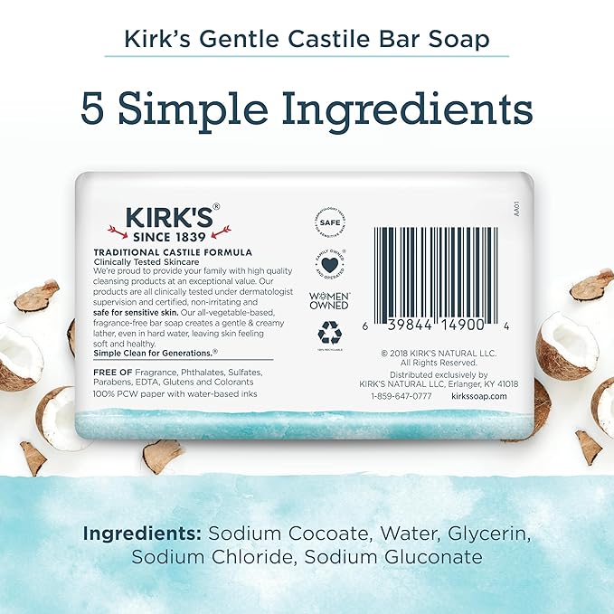 Castile Bar Soap by Kirkâ€™s | Clean Soap for Men, Women & Children | Premium Coconut Oil | Sensitive Skin Formula, Vegan | Fragrance-Free/Unscented | 4 oz. Bars - 4 Pack