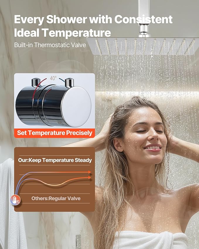 VEVOR Shower Faucet Set, 12 Inch Thermostatic Ceiling Mount Rainfall Shower System with 6 Inch Wall Mount Head and 2 in 1 Handheld Spray, 3-Function Dual Rain Head Brass Valve and Trim Kit, Chrome