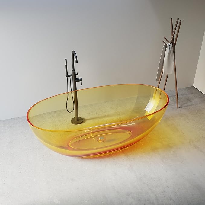 Solid Surface Freestanding Bathtub 61", Modern Oval Shape Soaking Tub, Stone Resin Stand Alone Bathtub with Drain & Integrated Slotted Overflow Transparent Orange AMFS303-1550-Orange