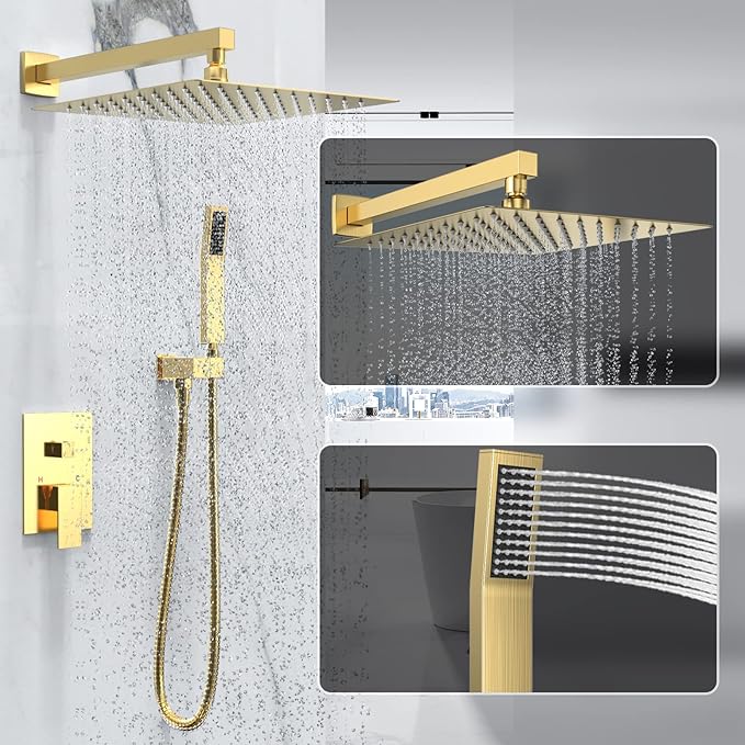 Rain Shower System 12 Inches Shower Head with Handheld Combo Set for Bathroom,High Pressure Rainfall Shower Faucet Set Wall Mounted,Rough-in Valve and Trim Kit(Brushed Gold)
