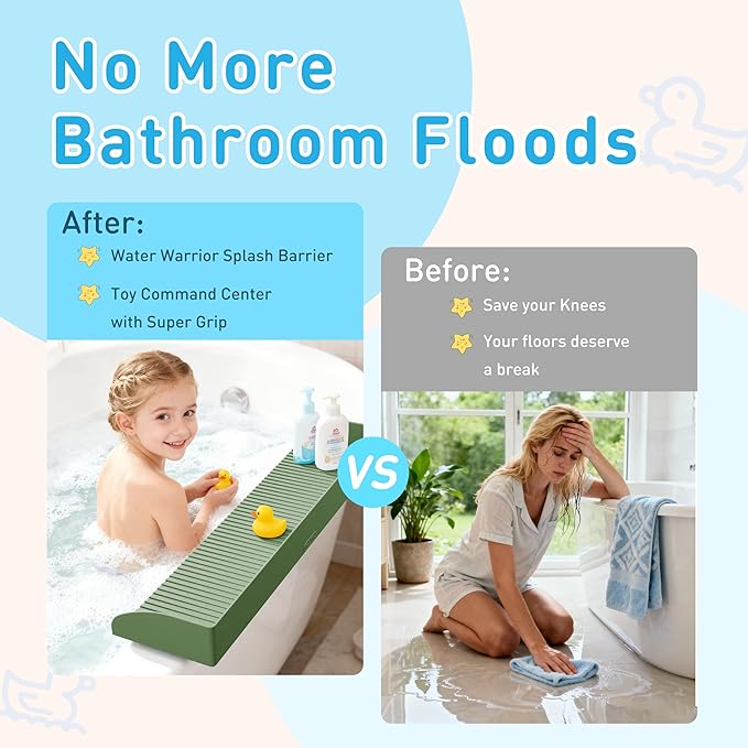Roslim Bathtub Splash Guard for Tub - Silicone Bath Ledge for Toddlers, Tub Play Shelf for Kids with Suction Cups, Bathtub Side Tray for Bath Toys, Bathroom Accessories for Toddlers, Olive Green