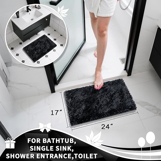 Yimobra Chenille Bathroom Rugs Non Slip, Extra Thick Soft Absorbent Bath Rug, Machine Washable Quick Dry Bath Mat for Bathroom Floor, Tub and Shower, Home Decor Accessories, 24x17, Black