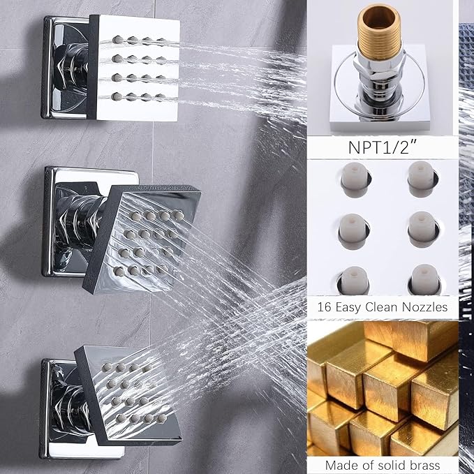 Shower Faucet Set Polished Chrome Shower System Luxury 12 Inch Wall Mounted Full Body Shower System with Body Jets and Handheld Spray, Water Temperature Display Shower Fixtures