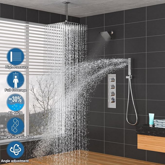 Enga Thermostatic Dual Shower Head System, 16"+6" Rain Shower Heads & Handheld Shower Faucet Set, Can All Run Together & Volume Adjustable, Chrome