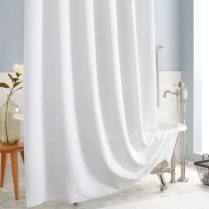 MitoVilla White Fabric Shower Curtain 72 x 78, Farmhouse Long Modern Geometric Cloth Shower Curtain for Bathroom Decor, Luxury Marble Textured, 78 inch Long