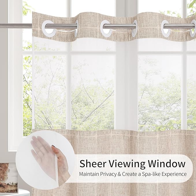 MitoVilla No Hooks Required Farmhouse Shower Curtain with Snap-in Liner - with Window & Magnets, Boho Cotton Linen Fabric Shower Curtains with Tassels for Rustic Bathroom Decor, Tan/Taupe, 72 x 74