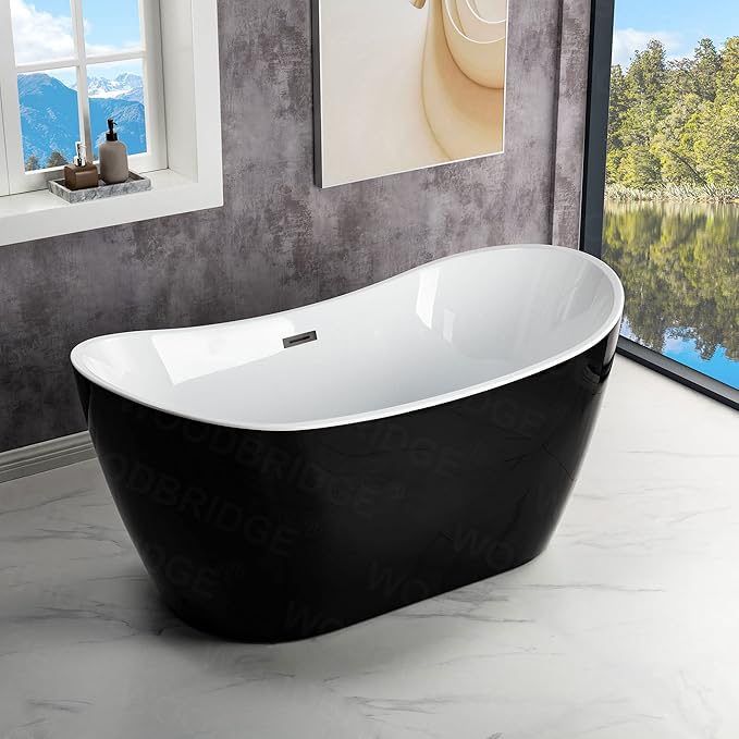 WOODBRIDGE 59" Acrylic Freestanding Bathtub Contemporary Soaking Tub, Black Acrylic(Matte Black Drain/Overflow),BTA1816-MB