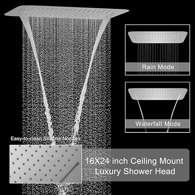 Brushed Nickel Shower Faucet Set with 6 PCS Body Jet, 16X24 inch Ceiling Mount Shower Head(Rainfall&Waterfall Mode), Handheld Shower, with Digital Temperature Display Function