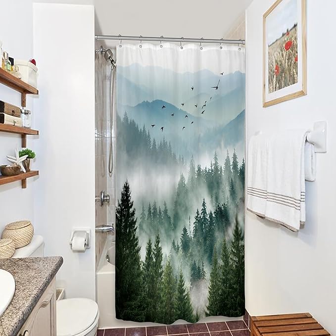Riyidecor Small Stall Mountain Shower Curtain 36Wx72H Inch Green Rv Single Rustic Foggy Misty Nature Pine Tree Scenery Woodland Mens Bathroom Decor Fabric Polyester Waterproof 7 Pack Hooks