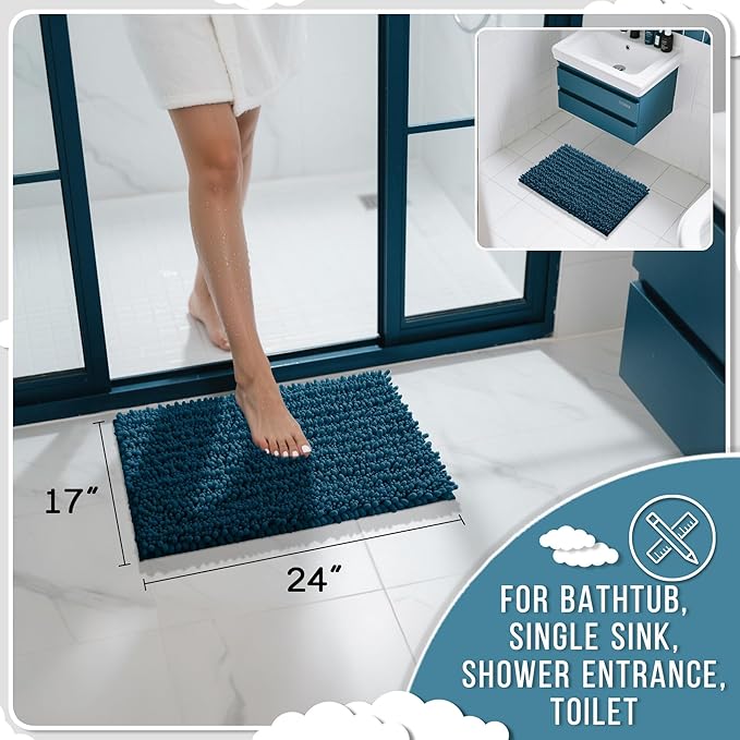 Yimobra Bathroom Rugs Non Slip Washable - Ultra Soft Absorbent Chenille Bath Mat, Quick Dry Shaggy Floor Carpet for Tub Shower, Rustic Turquoise Home Decor Accessories, 24x17 Inch