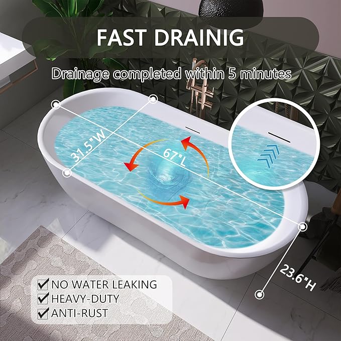 67" Free Standing Tub, Pure Acrylic Freestanding Bathtub, Stylish Stand Alone Tub, Contemporary Deep Soaking Bath Tub, cUPC Certified SY6870 (Glossy White)
