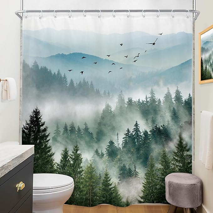Riyidecor Green Mountain Shower Curtain 72Wx96H Inch Extra Long Nature Rustic Woodland Tree Scenery,Alpine Landscape Natural Foggy Mens Bathroom Decor Fabric Polyester Waterproof 12 Pack Hooks
