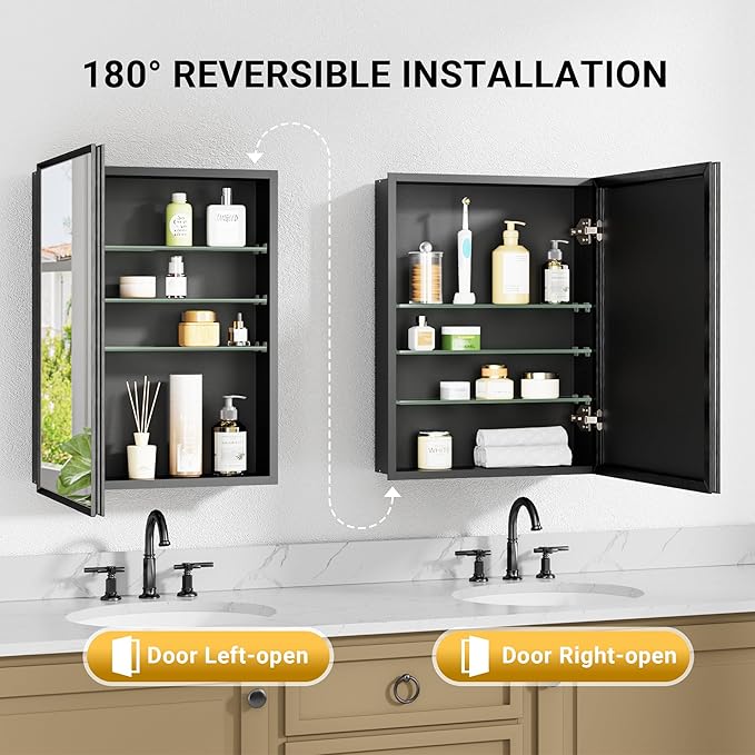 16x26 Pre-Assembled Black Medicine Cabinet with Mirror, Surface or Recessed Medicine Cabinet Mirror for Bathroom, Aluminum Beveled Frame Bathroom Vanity Mirror with Adjustable Shelves Storage