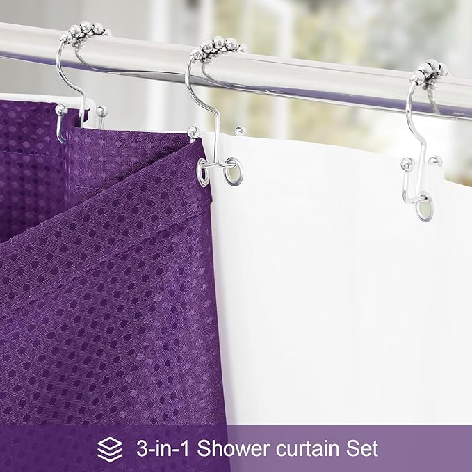 3 in 1 Long Purple Shower Curtain Set-72 W x 78 H, Modern Waffle and PEVA Liner Set with 12 Stainless Steel Hooks, Waterproof Fabric for Bathroom