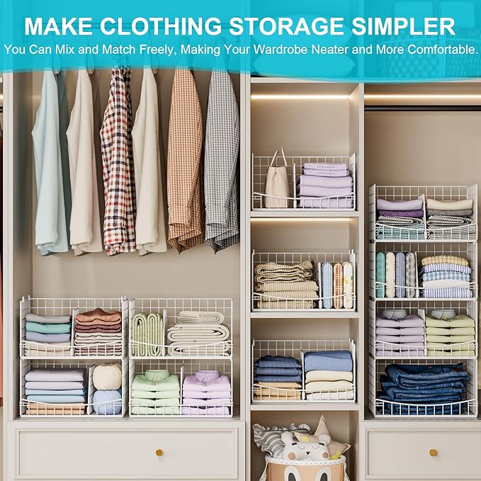Divided 4-Tier Stackable Closet Organizers and Storage Basket, Foldable Closet Shelf Organizer Systems for Clothing Sweaters, Wardrobe Cupboard, White