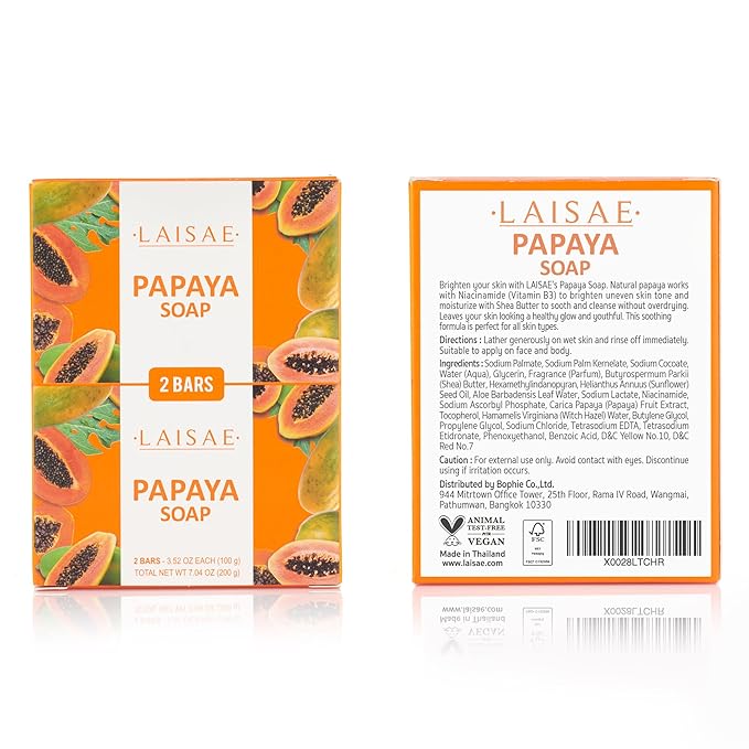 Papaya Exfoliating Soap, Hydrating Face Moisturizer with Niacinamide, Shea Butter and Aloe Vera, Even Skin Tone Body Cleansing Bar - Sensitive Skin Soap, Vegan, 3.52 oz (2 Bars)