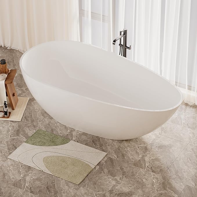 Abruzzo 59“ Solid Surface Freestanding Bathtub, Egg Shell Shaped Stone Resin Freestanding Tubs, Contemporary Oval Soaking Tubwith Overflow in Glossy White, cUPC Certified