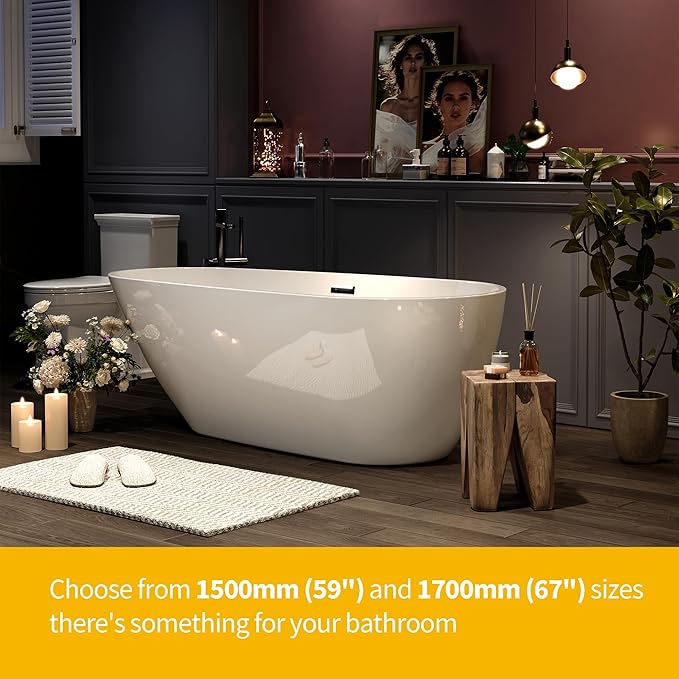 Bathtub with Upturned Ends, CUPC Chrome Drain and Overflow, White Interior and Black Exterior, Built-in Overflow, Fiber-Coated Fixing Bracket