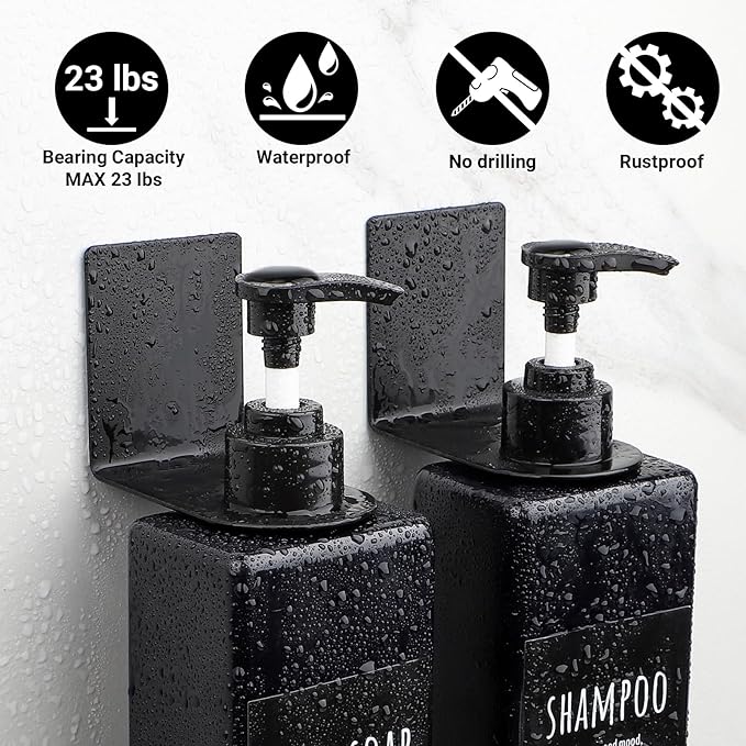 Segbeauty Adhesive Bottle Holder for Soap Dispenser, 3pcs 1.1inch 2.8cm Drill-Free Shower Shampoo Holder, Stainless Wall Mounted Hanging Rack for Hotel Toilet Kitchen, Black