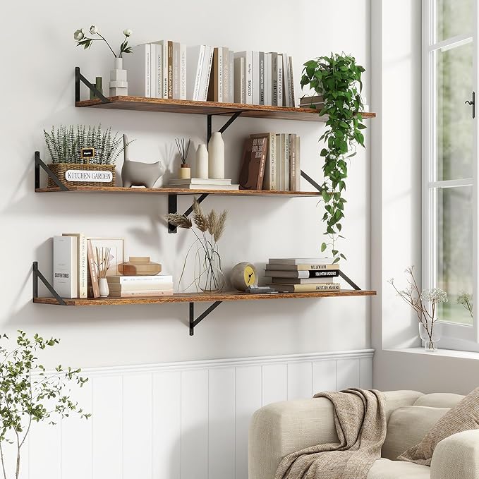 12 Inch Deep Floating Shelves, 30W x 12D Wall Shelves with Brackets, Floating Shelves 30 Inch Long, Rustic Wood Wall Shelf, Wide Storage Display Shelf for Kitchek, Living Room, Bathroom, Rustic Brown