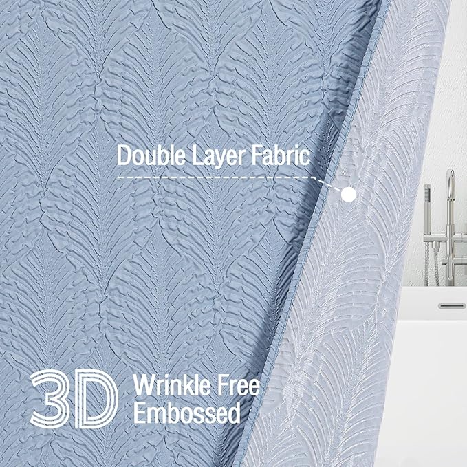 Gibelle Fog Blue Shower Curtain for Bathroom, 3D Embossed Textured Fabric Shower Curtain, Modern Farmhouse Chic Soft Cloth Shower Curtain Set with Hooks, 72x72