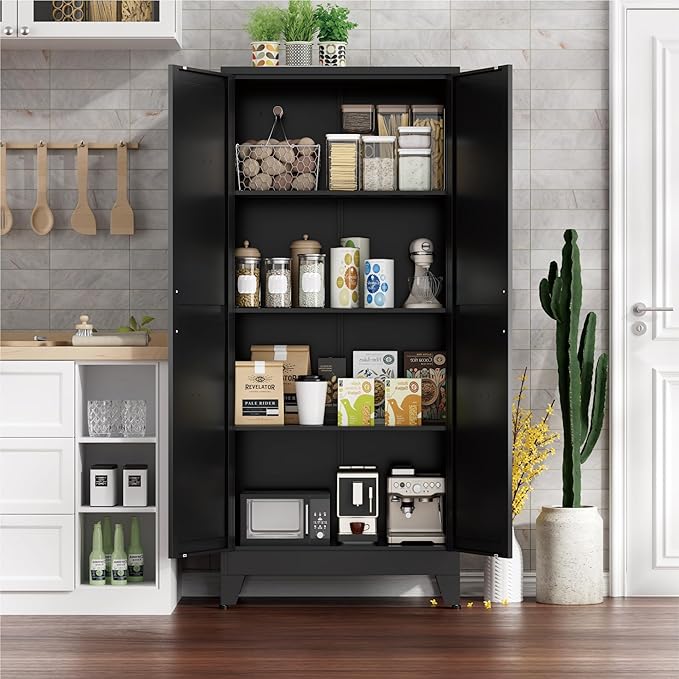 61" Tall Metal Kitchen Pantry Storage Cabinet with Double Doors & 3 Adjustable Shelves, Freestanding Cupboard for Kitchen, Dining Room, Bathroom, Black