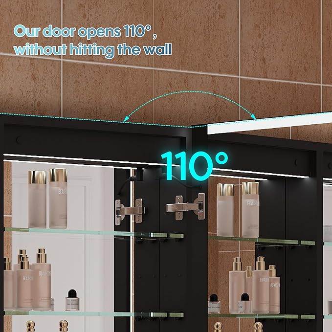 WELLFOR 60" X 30" LED Mirrored Medicine Cabinet, Medicine Cabinets with Lights for Bathroom, Defogging Function Mirror Cabinet, Bathroom Medicine Cabinet with USB Port & Outlet, Three Opening Doors